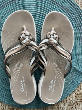 Clarks Cloudsteppers Women's Braided Thong Sandals in Taupe, White, and Metallic